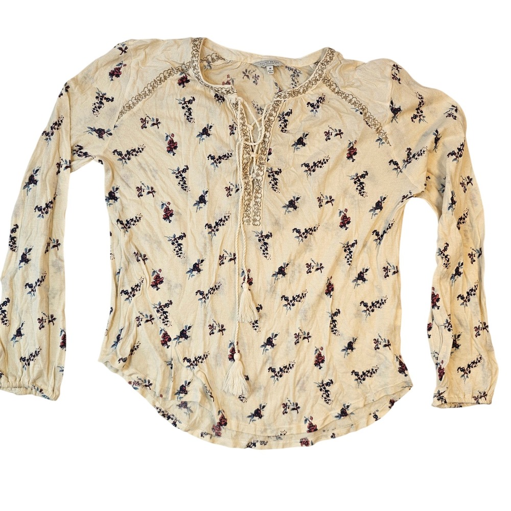Lucky Brand Cream Floral Embroidered Lace Up Tassel Peasant Top Medium